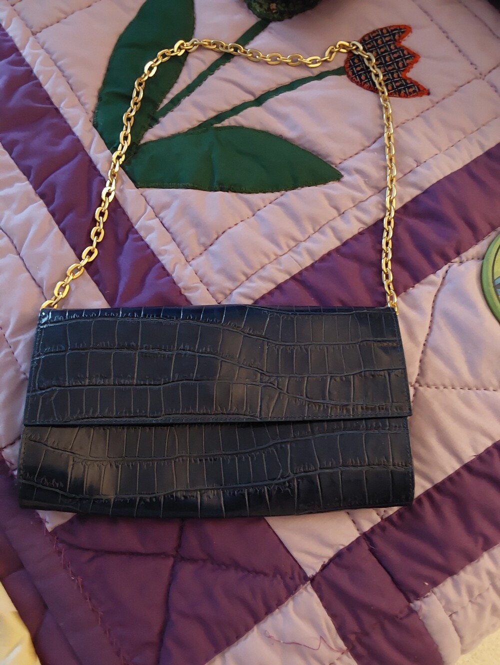 Gold-Chain Navy Croc-Embossed Shoulder Bag